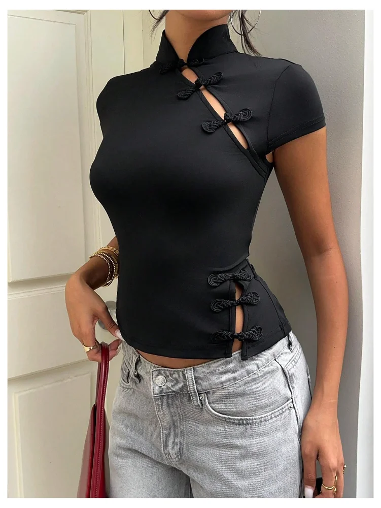MAKEMECHIC Mandarin Collar T Crop Top, view 2