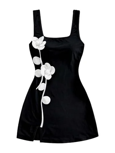MAKEMECHIC Flower Square Neck Split Mini Dress