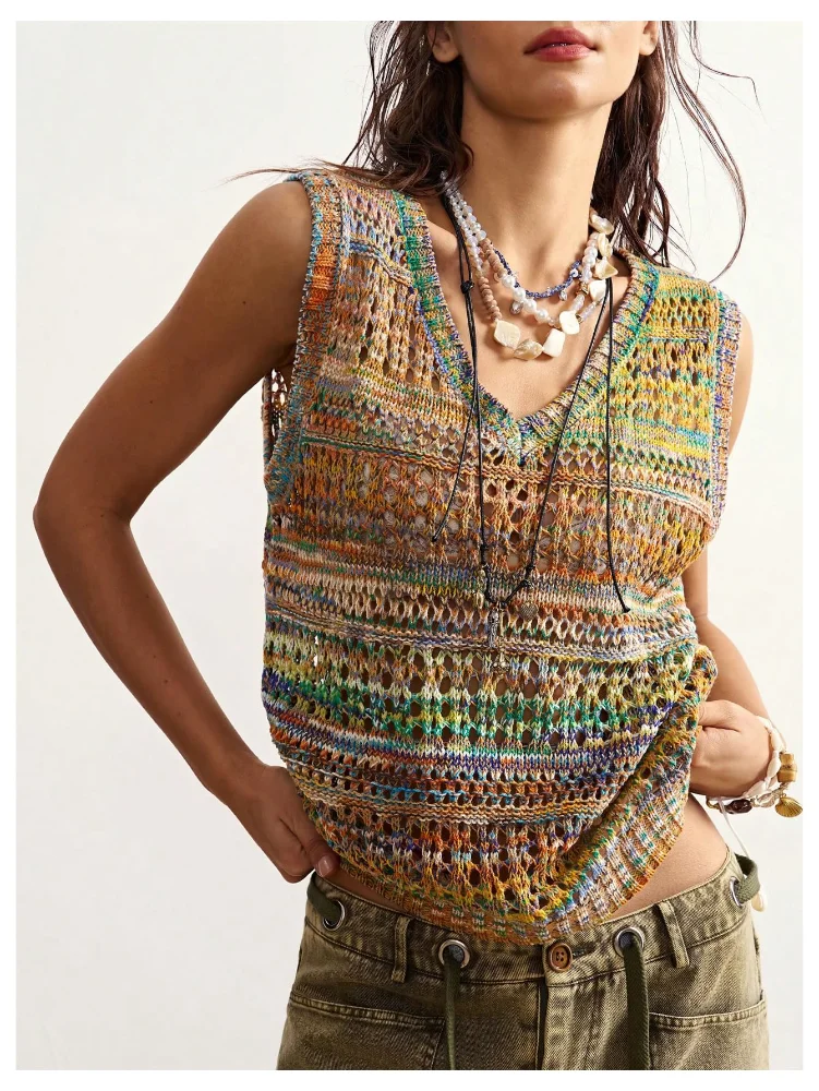 MAKEMECHIC Striped Crochet Sleeveless Sweater Vest, view 2
