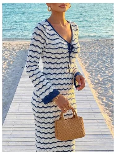 MAKEMECHIC Crochet Striped V-Neck Beach Cover-Up, view 3