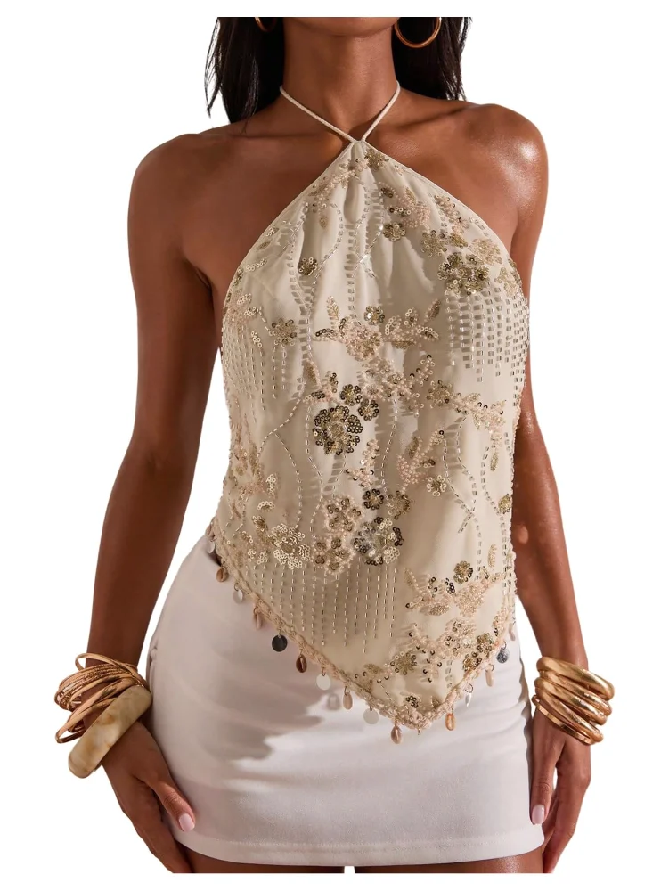 MAKEMECHIC Sequin Backless X-small Halter Top