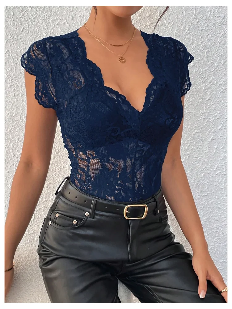MAKEMECHIC Lace Deep V-Neck Bodysuit, view 2