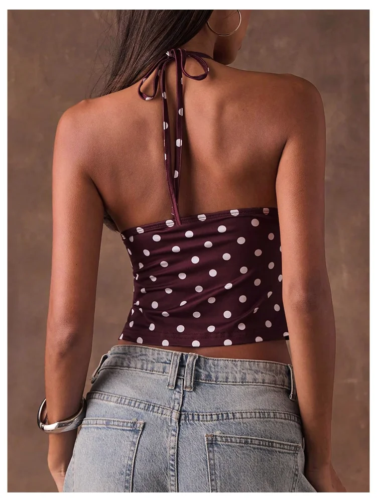 MAKEMECHIC Polka Dot Crop Halter Top, view 3