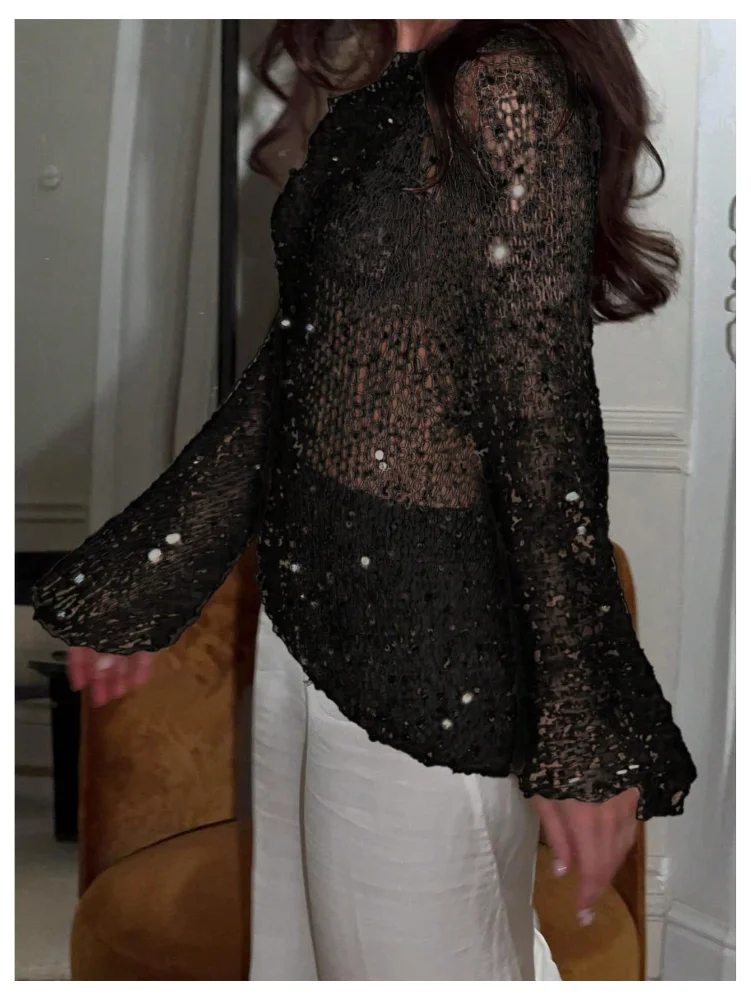MAKEMECHIC Glitter Sequin Crochet Sweater, view 2