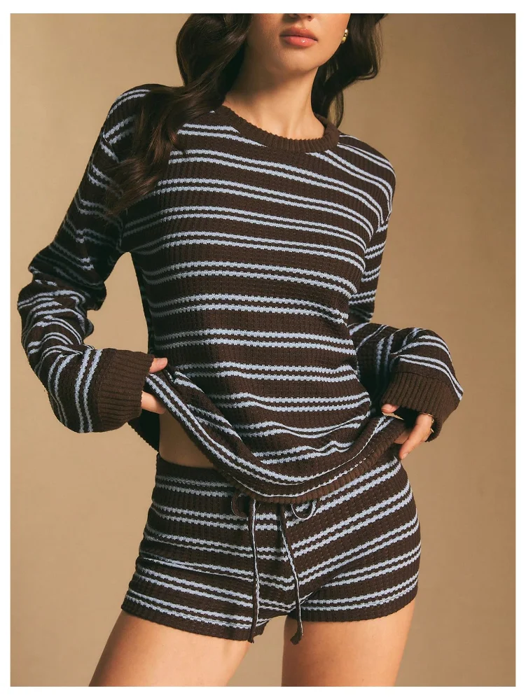 MAKEMECHIC Striped Long Sleeve Shorts Set, view 2