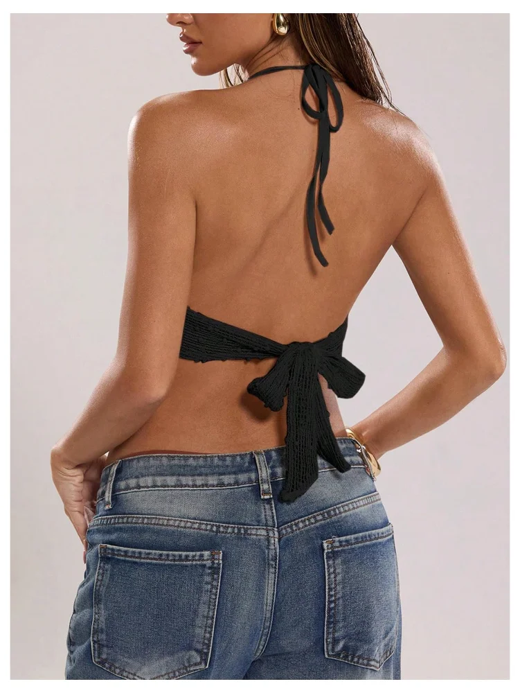 MAKEMECHIC Crochet Open Back Halter Top, view 3