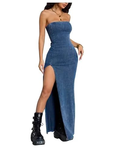 MAKEMECHIC Denim Tube Split Dress
