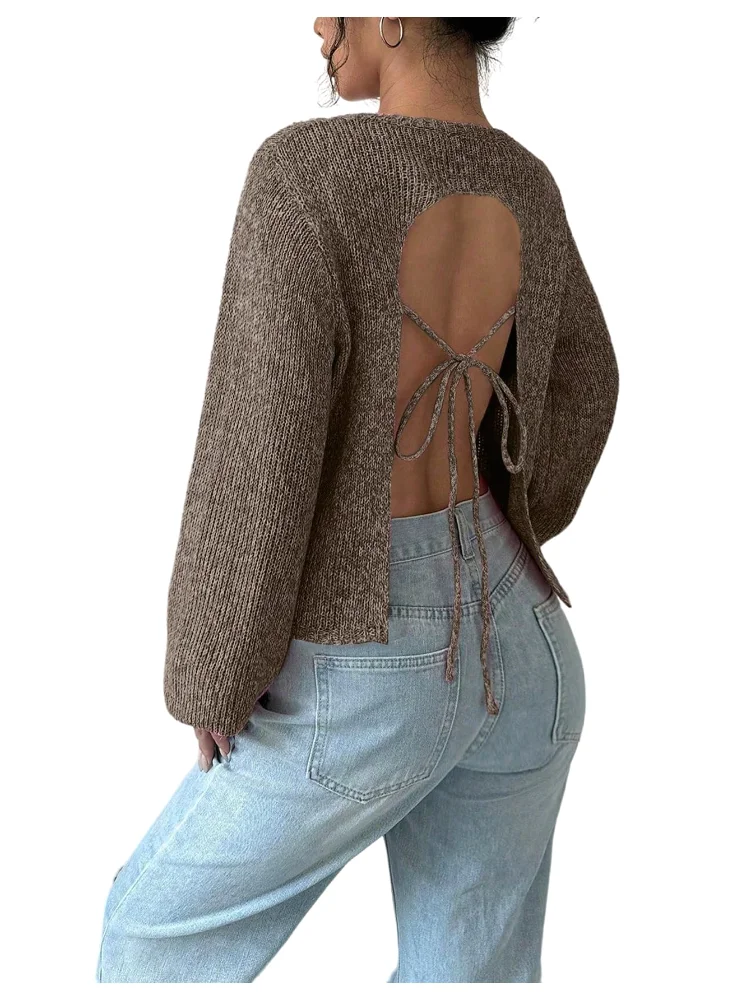 MAKEMECHIC Open Back Tie Backless Sweater