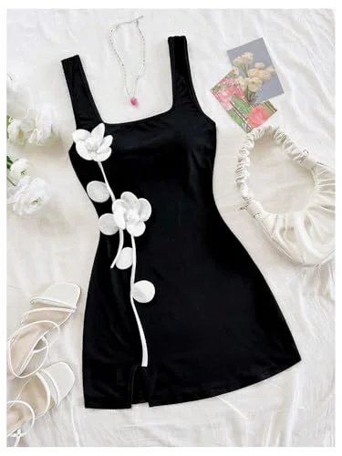 MAKEMECHIC Flower Square Neck Split Mini Dress, view 3
