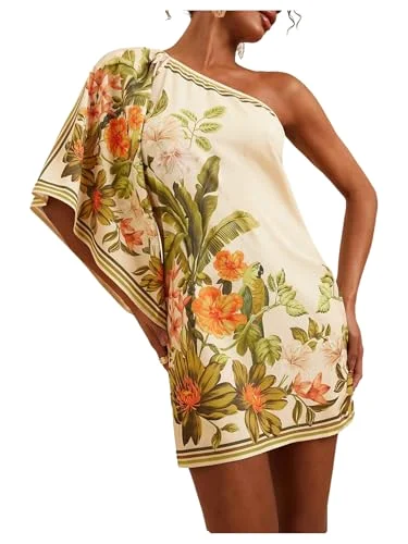 MAKEMECHIC Tropical One Shoulder Hawaiian Mini Dress, sleeveless
