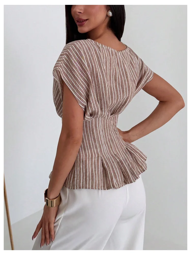 MAKEMECHIC Striped Peplum Cinched Blouse, view 3