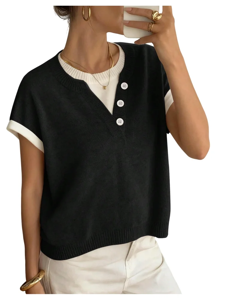 MAKEMECHIC Short Sleeve Button Down Knit Sweater