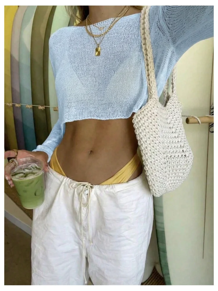 MAKEMECHIC Crochet Long Sleeve Sheer Beach Cover-Up, view 3