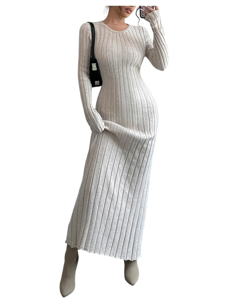 MAKEMECHIC Crew Neck Rib Knitted Maxi Dress