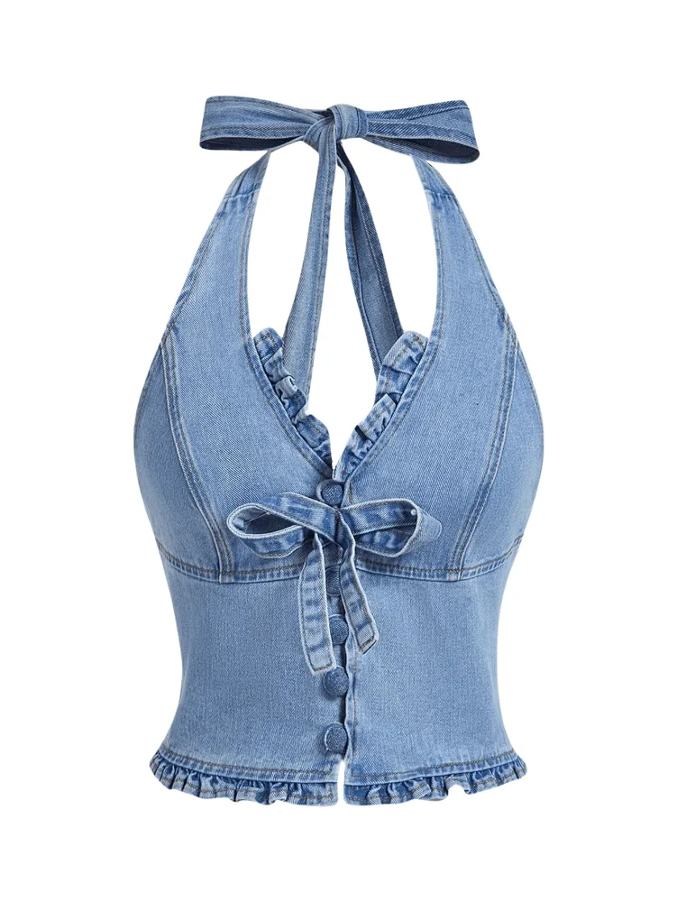 MAKEMECHIC Shirred Denim Tie Halter Top