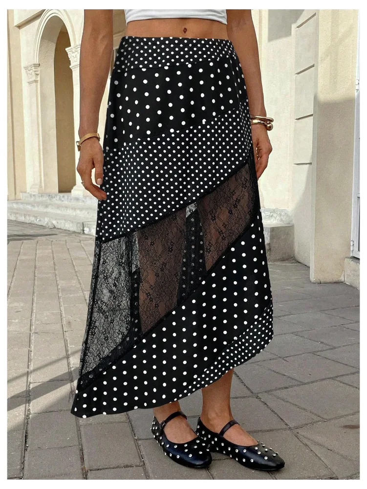 MAKEMECHIC Lace Polka Dot Asymmetrical Midi Skirt, view 2