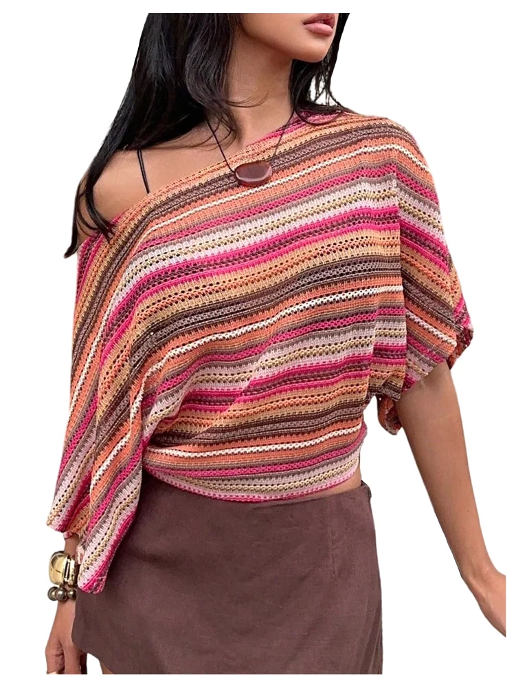 MAKEMECHIC Crochet Striped Off The Shoulder Shorts