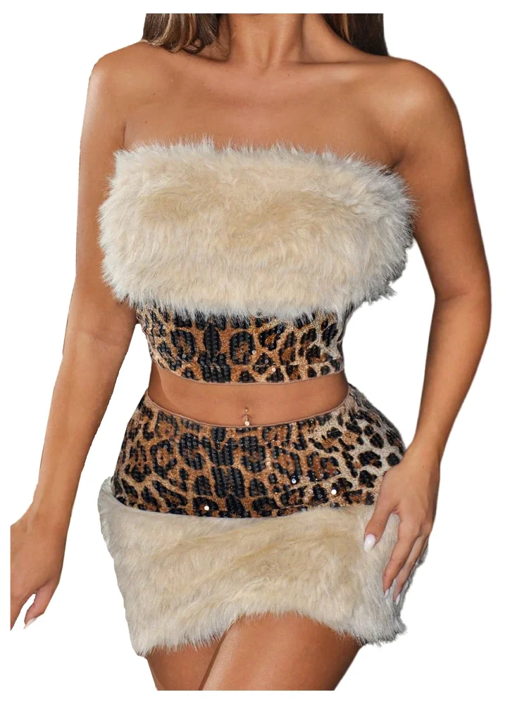 MAKEMECHIC Faux Fur Sequin Leopard Two-Piece Set