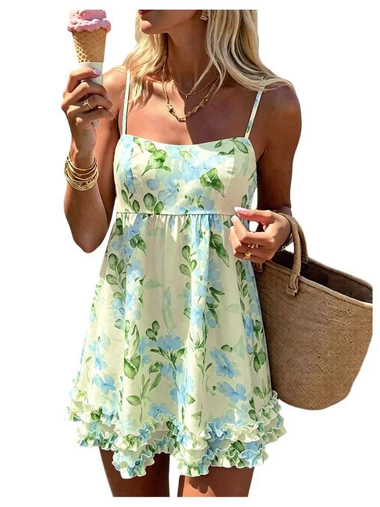 MAKEMECHIC Floral Sleeveless Ruffle Mini Dress