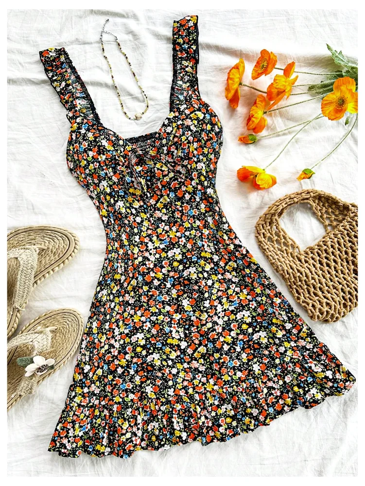 MAKEMECHIC Ditsy Floral Print Shirred Dress, view 2
