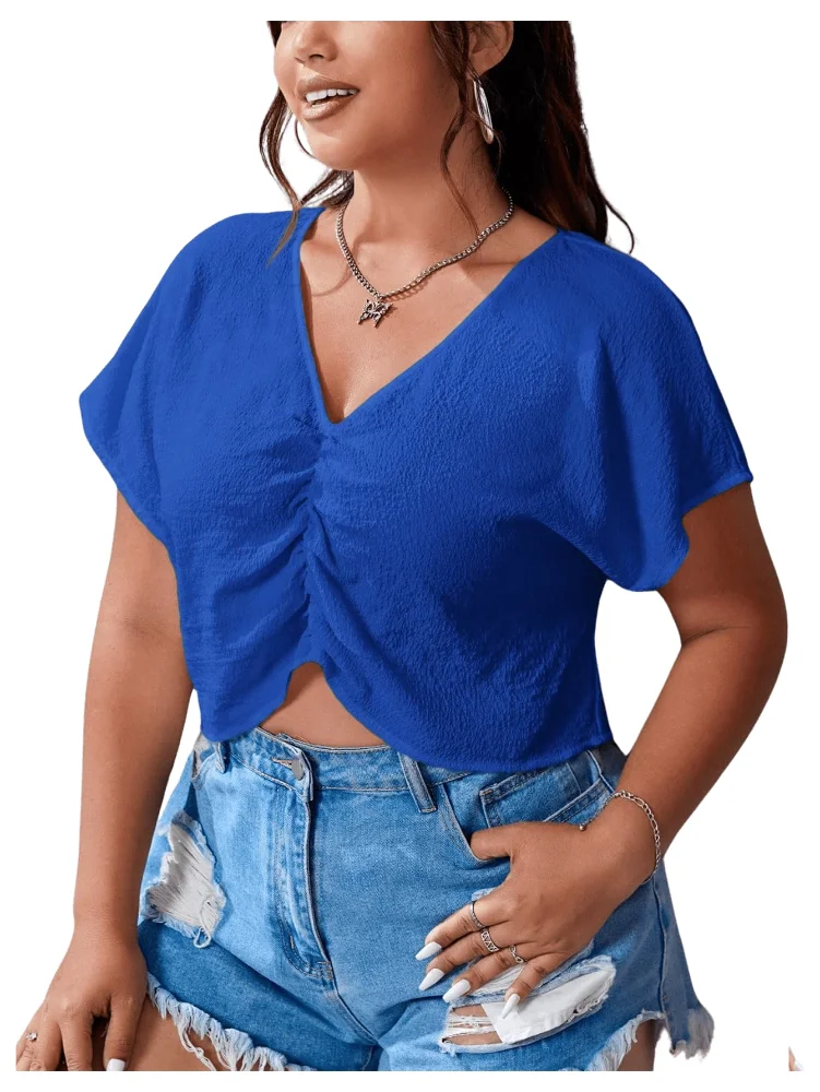MAKEMECHIC Ruched Short Sleeve Crop Shorts