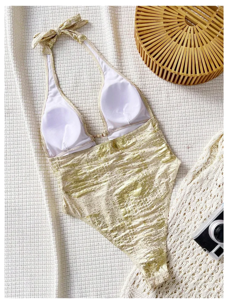 MAKEMECHIC Metallic Deep V-Neck One-Piece Swimsuit, view 3