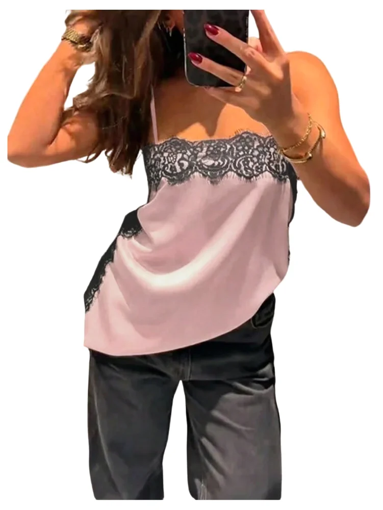 MAKEMECHIC Satin Lace Spaghetti Tank Top in Pink