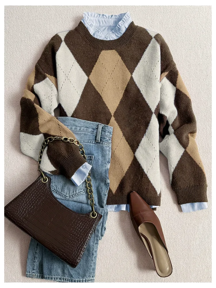 MAKEMECHIC Argyle Plaid Crew Neck Sweater, view 2