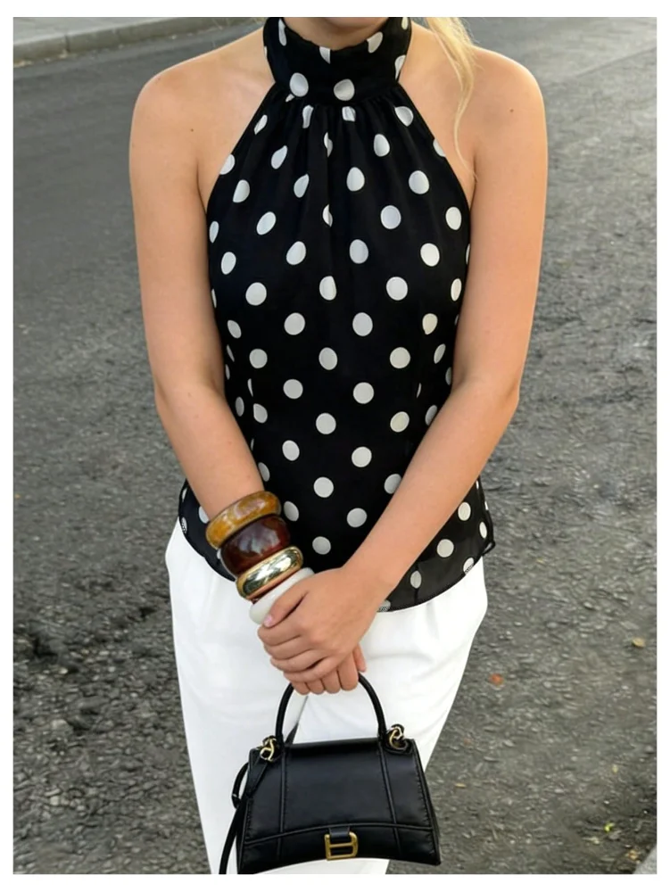 MAKEMECHIC Polka Dot Chiffon Mock Neck Halter Top, view 2