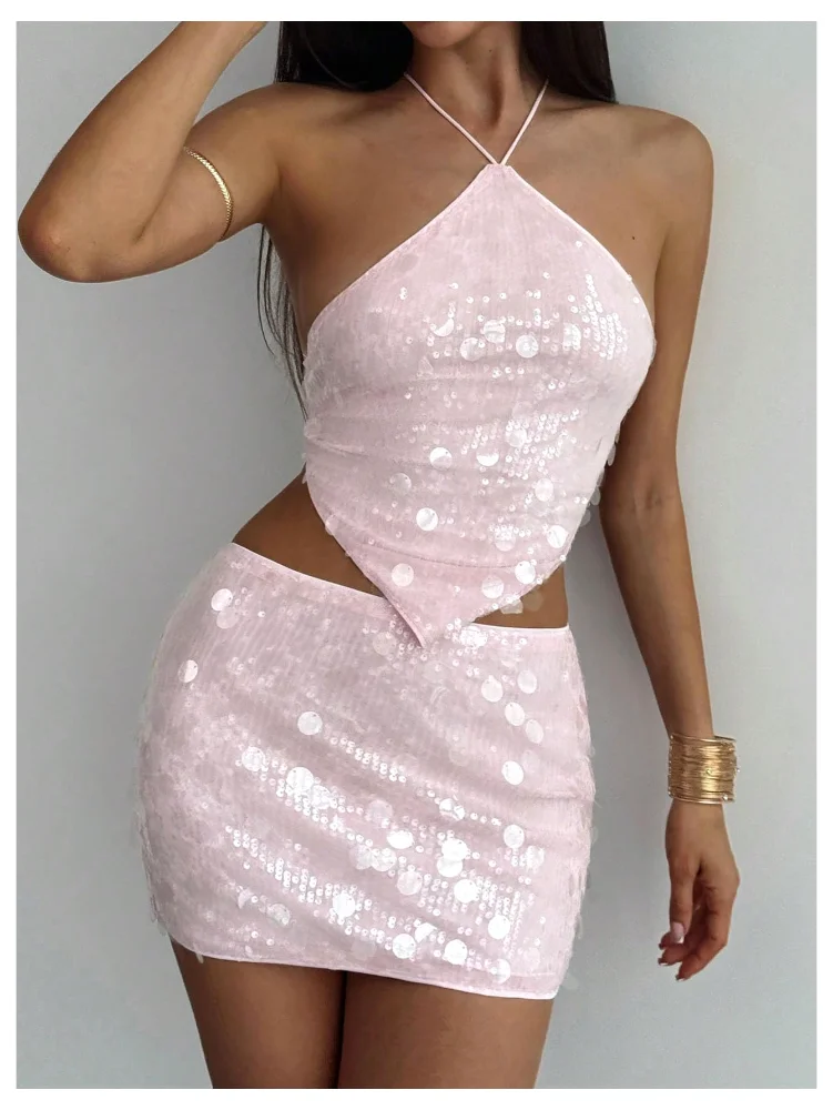MAKEMECHIC Sparkly Glitter Sequin Skirt Set, view 3