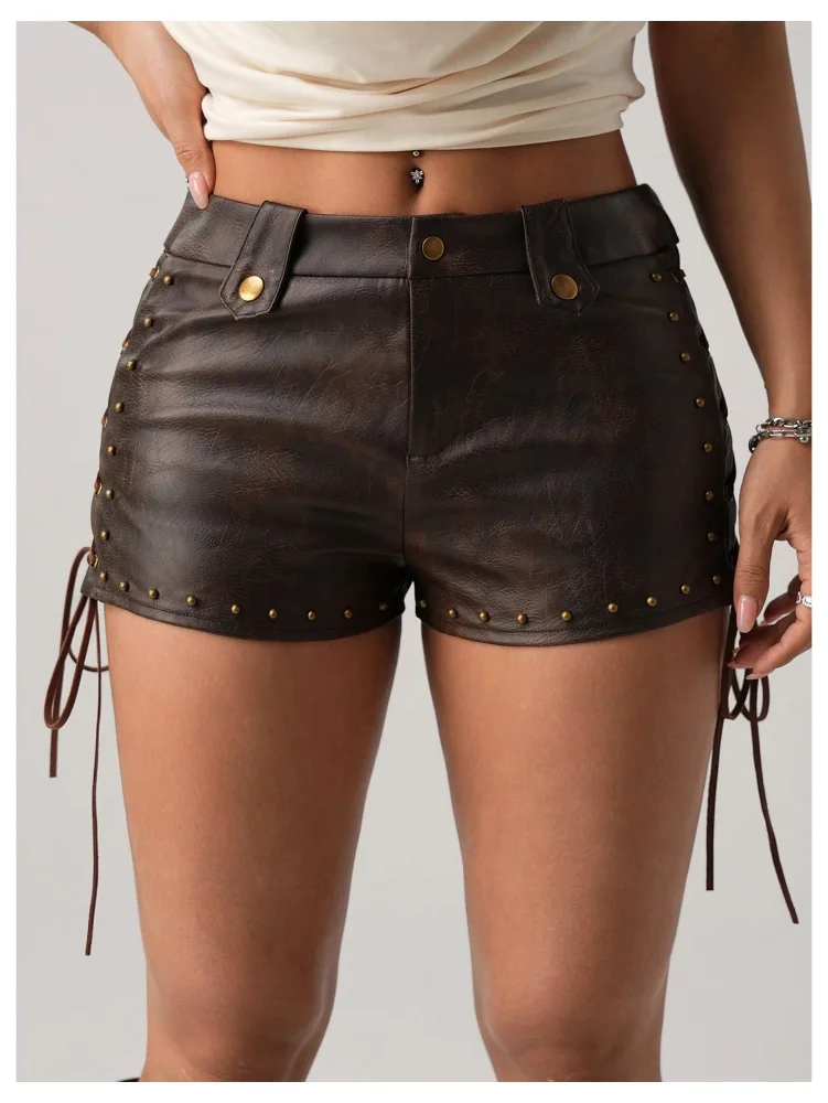 MAKEMECHIC PU Leather Lace Up Studded Shorts, view 3