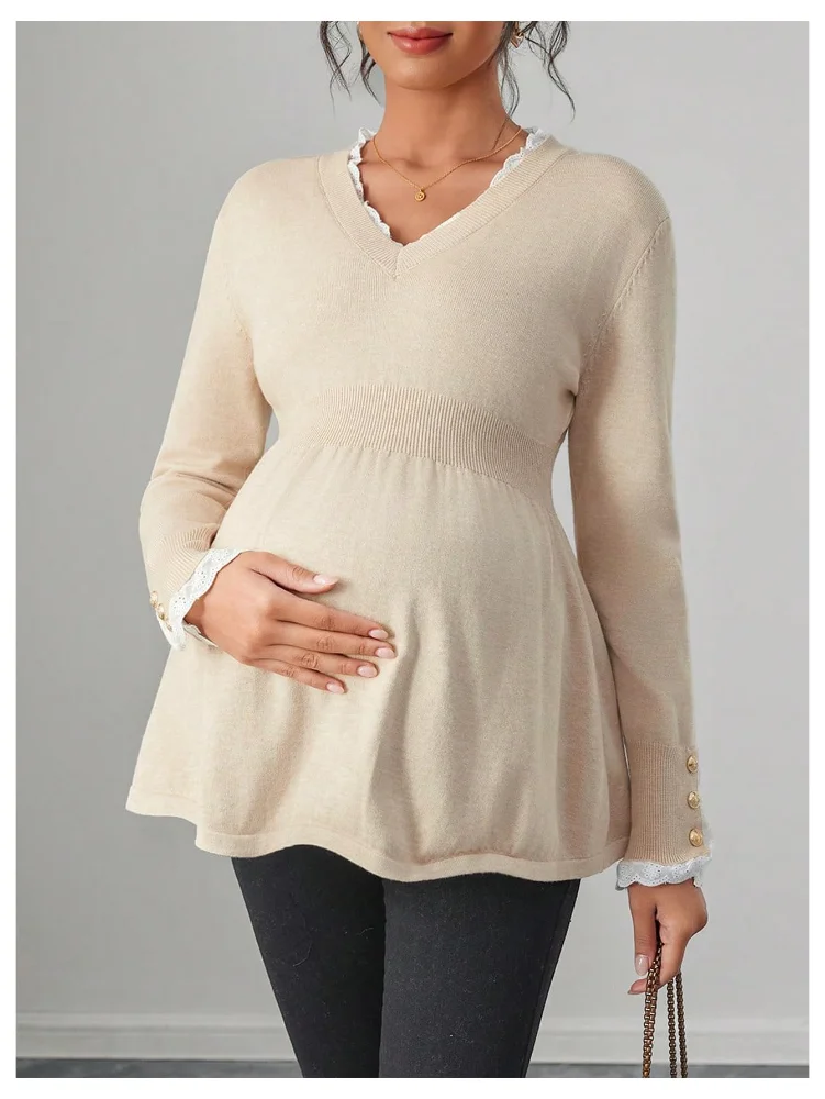 MAKEMECHIC V-Neck Lace Ruffle Maternity Sweater, view 2