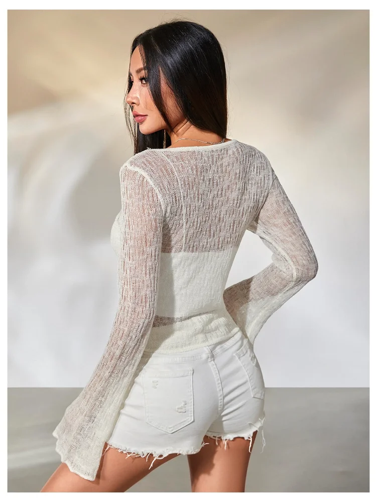 MAKEMECHIC Mesh Long Bell Sleeve Beach Cover-Up, view 2