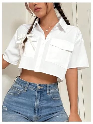 MAKEMECHIC Cropped Button Up Short Sleeve Shorts, view 3