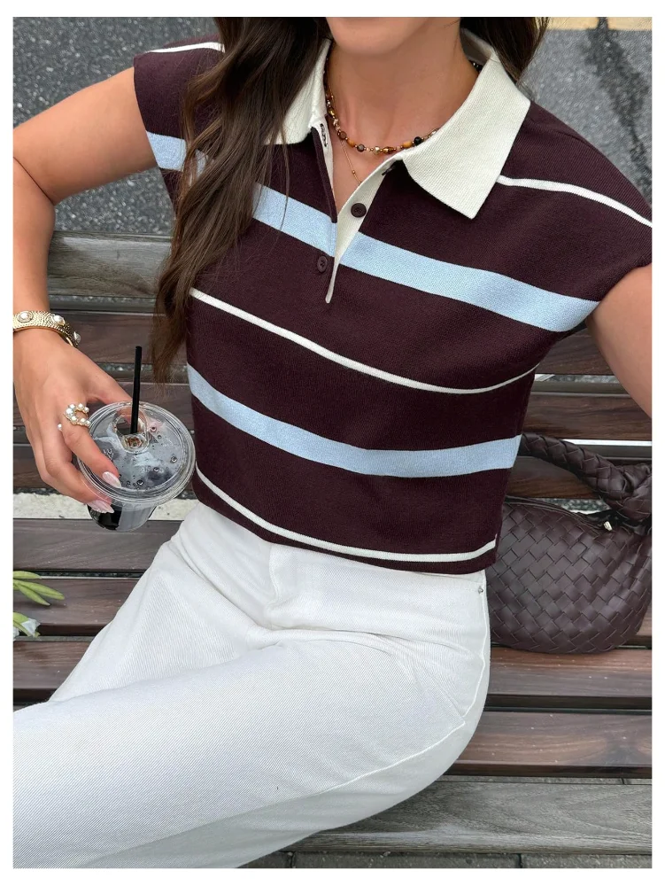 MAKEMECHIC Striped Cap Sleeve Collared Sweater Vest, view 2