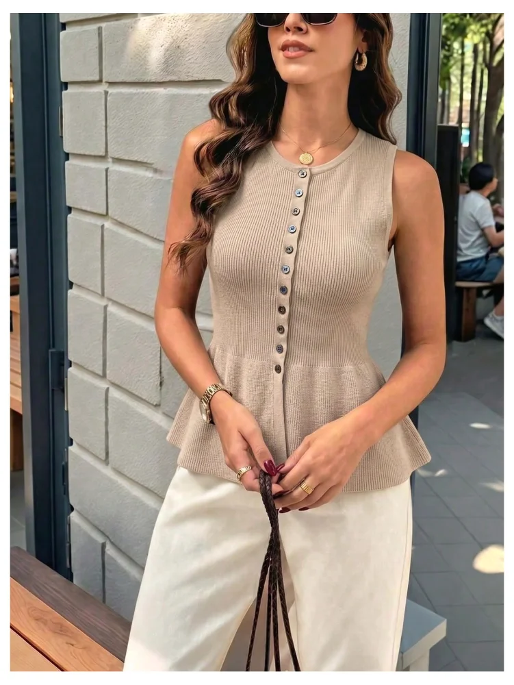 MAKEMECHIC Ruffle Peplum Sleeveless Sweater, crew neck, view 2