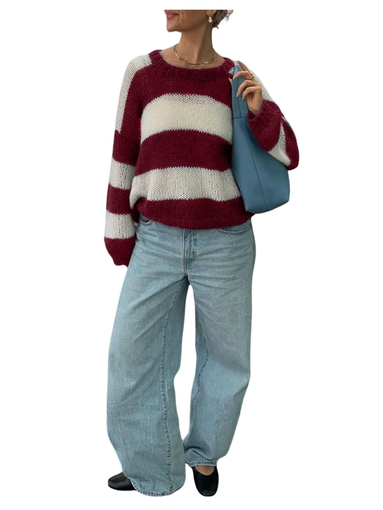 MAKEMECHIC Striped Color Block Crew Neck Sweater