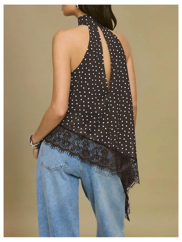 MAKEMECHIC Polka Dot Lace Trim Halter Top, view 3