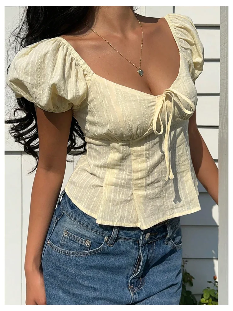 MAKEMECHIC Textured Puff Sleeve Square Neck Blouse, view 3