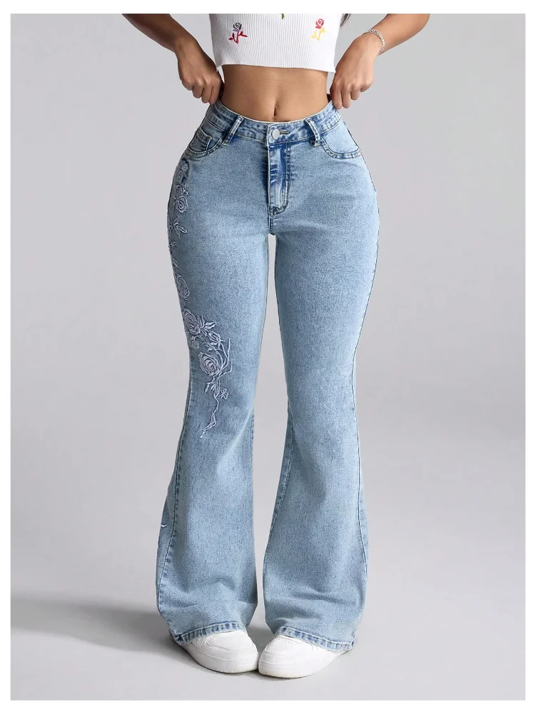 MAKEMECHIC Floral Embroidery Flared Jeans, view 3