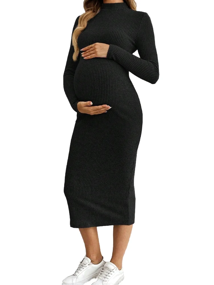 MAKEMECHIC Long Sleeve Mock Neck Knit Maternity Maxi Dress