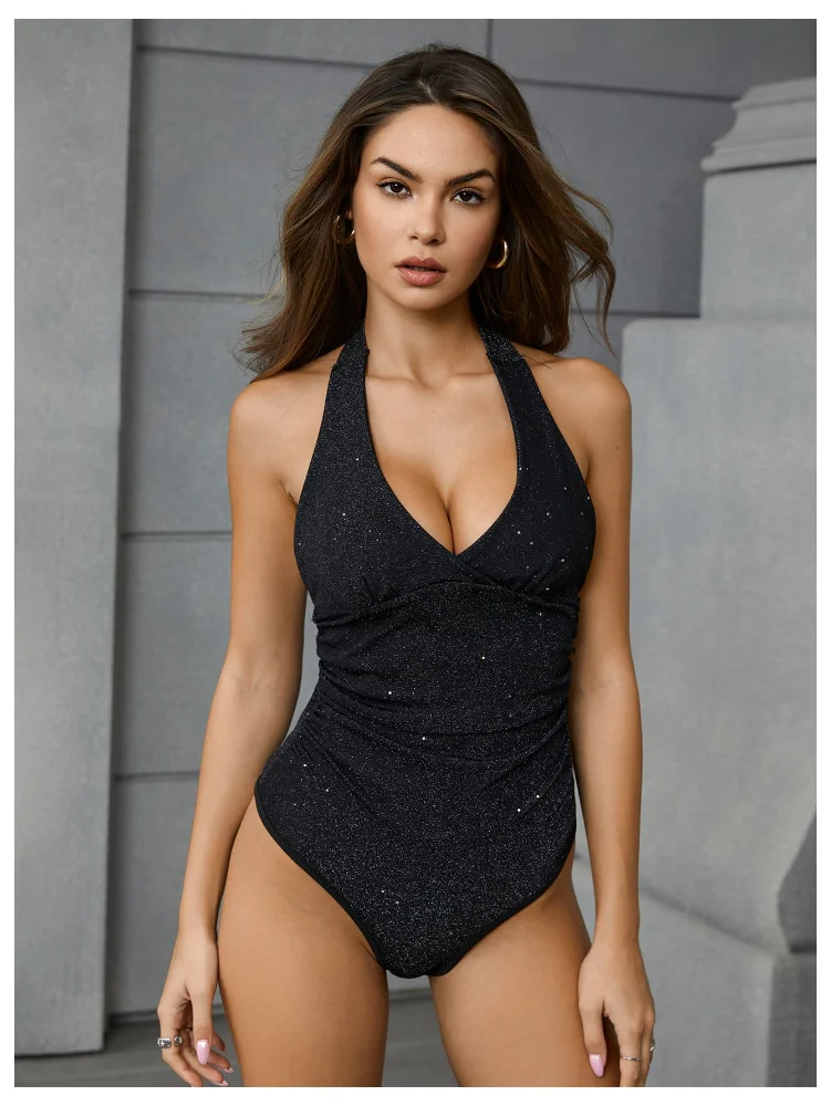 MAKEMECHIC Sparkly Deep V-Neck Bodysuit in Black, view 3