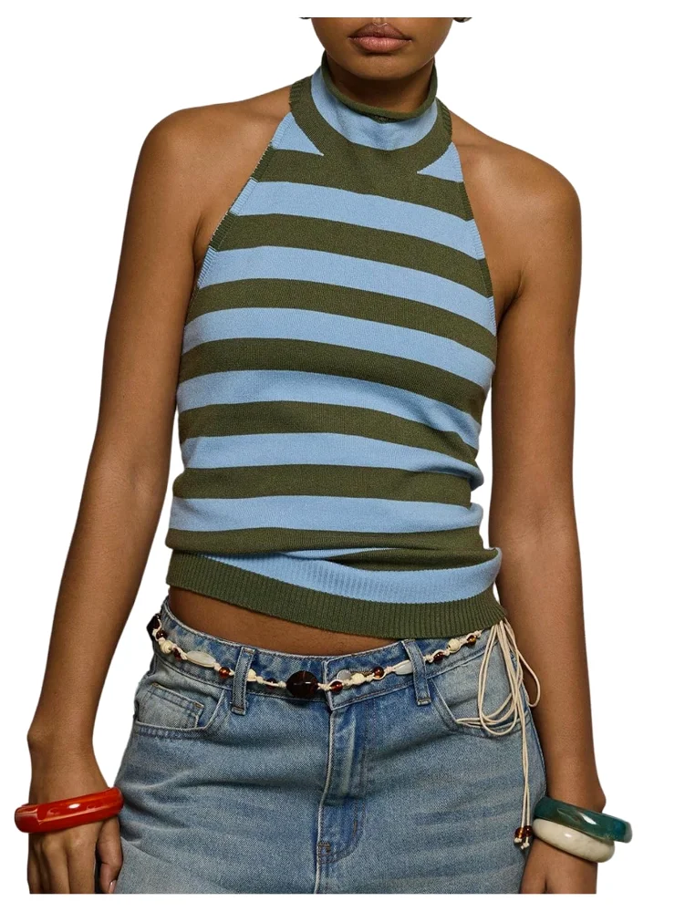 MAKEMECHIC Striped Open Back Sleeveless Halter Top