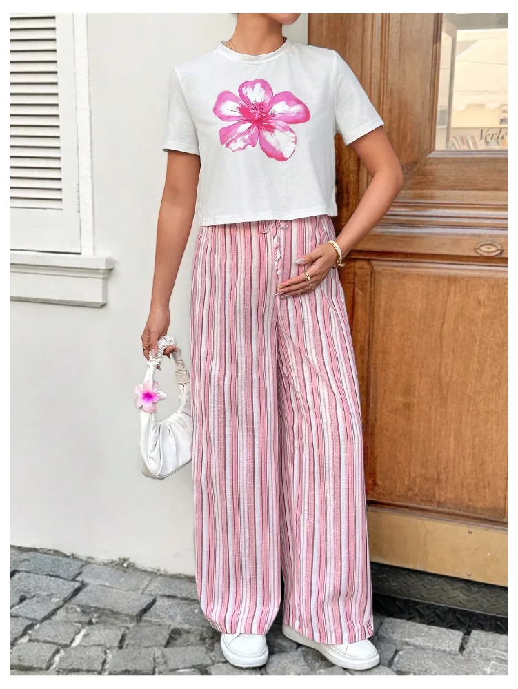 MAKEMECHIC Floral Short Sleeve Striped Maternity Two-Piece Set, view 3