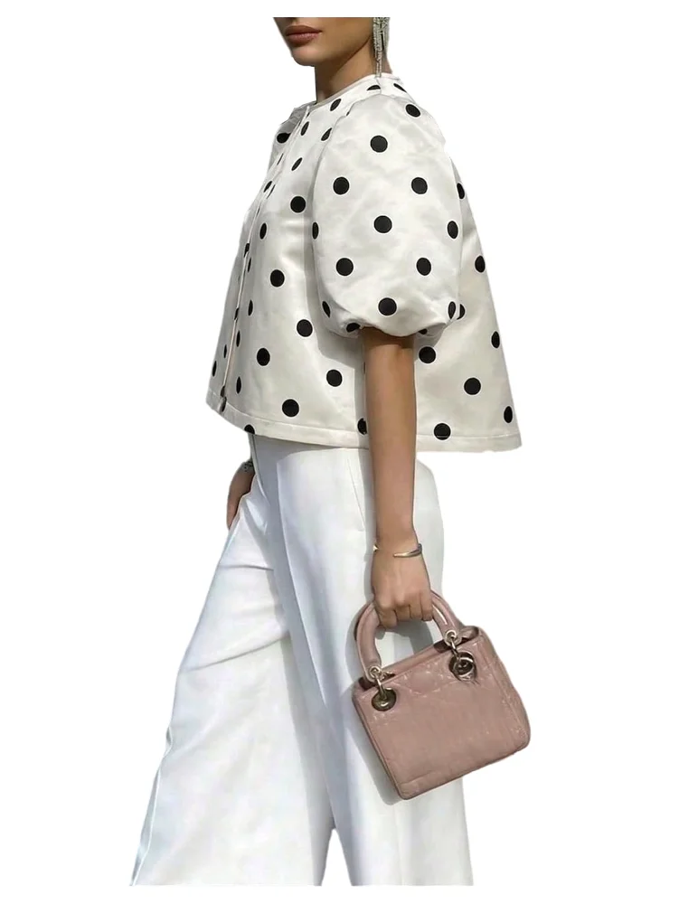 MAKEMECHIC Polka Dot Satin Puff Sleeve Crop Top