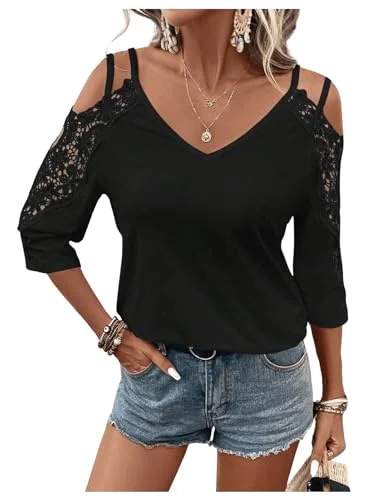 MAKEMECHIC Lace Cold Shoulder V-Neck Blouse