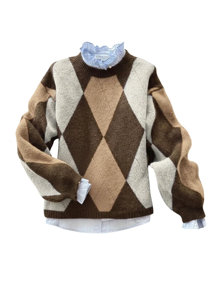 MAKEMECHIC Argyle Plaid Crew Neck Sweater