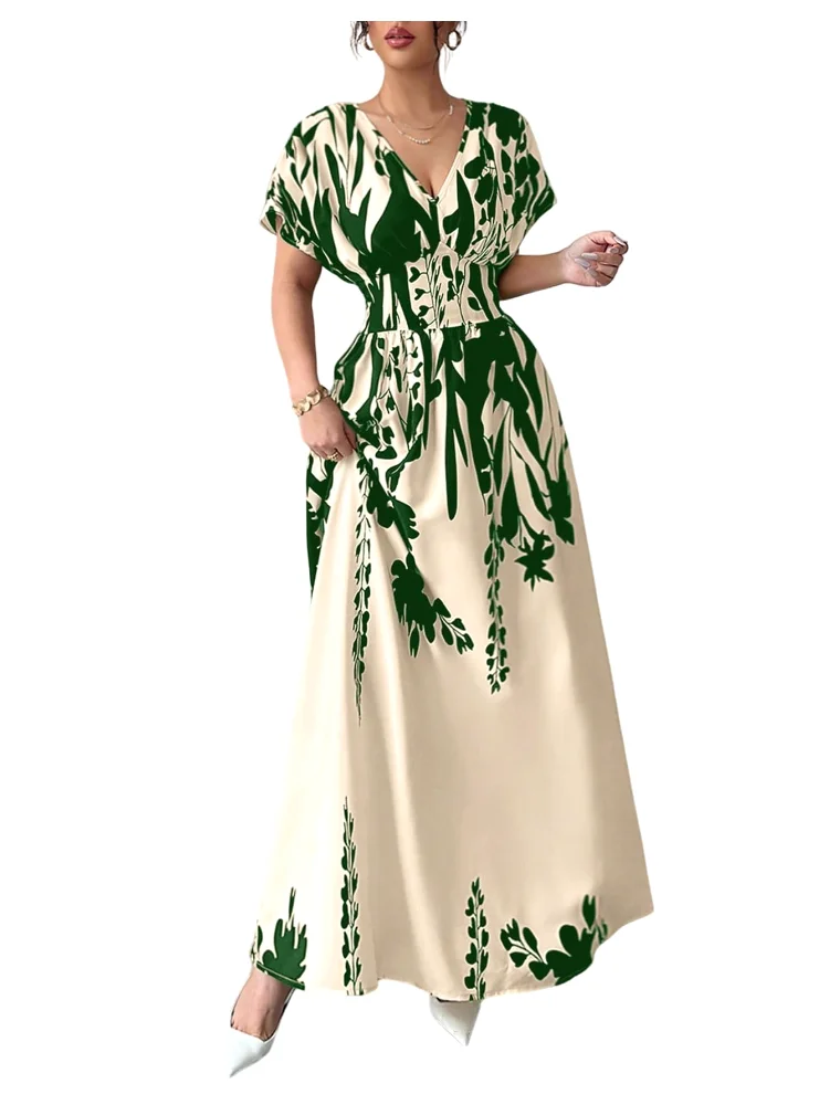 MAKEMECHIC Floral V-Neck Short Sleeve Maxi Dress