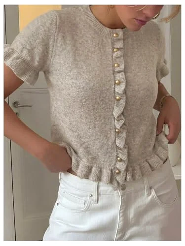 MAKEMECHIC Short Sleeve Sweates Ruffle Cardigan, view 2