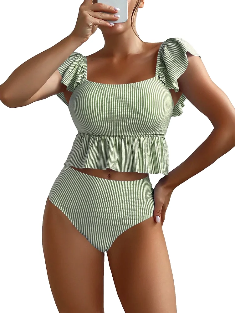 MAKEMECHIC Striped Ruffle Trim Bikini Set